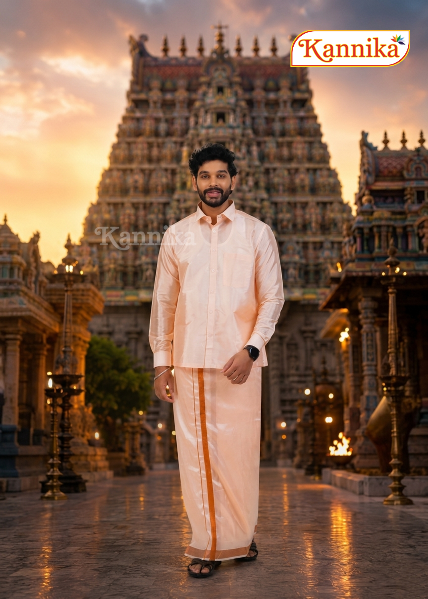 Mappillai Dhoti Suit Sets For Wedding Art Silk Orange