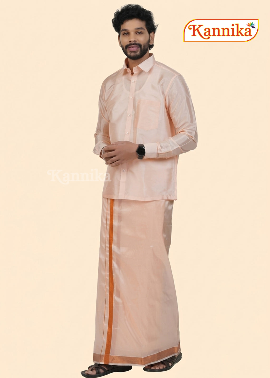 Mappillai Dhoti Suit Sets For Wedding Art Silk Orange